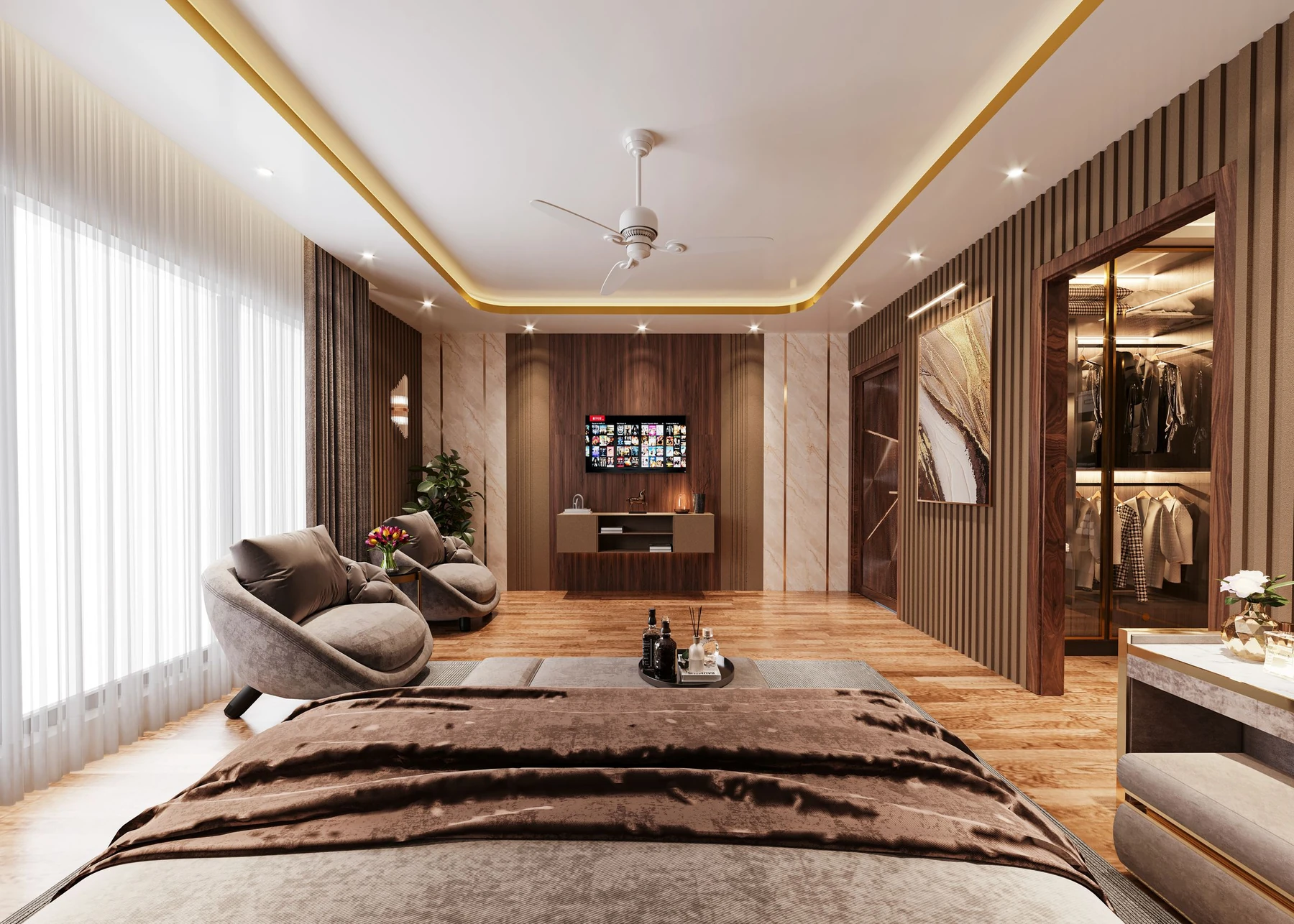 A walnut-panelled bedroom with integrated wardrobes, warm cove lighting and tailored seating
