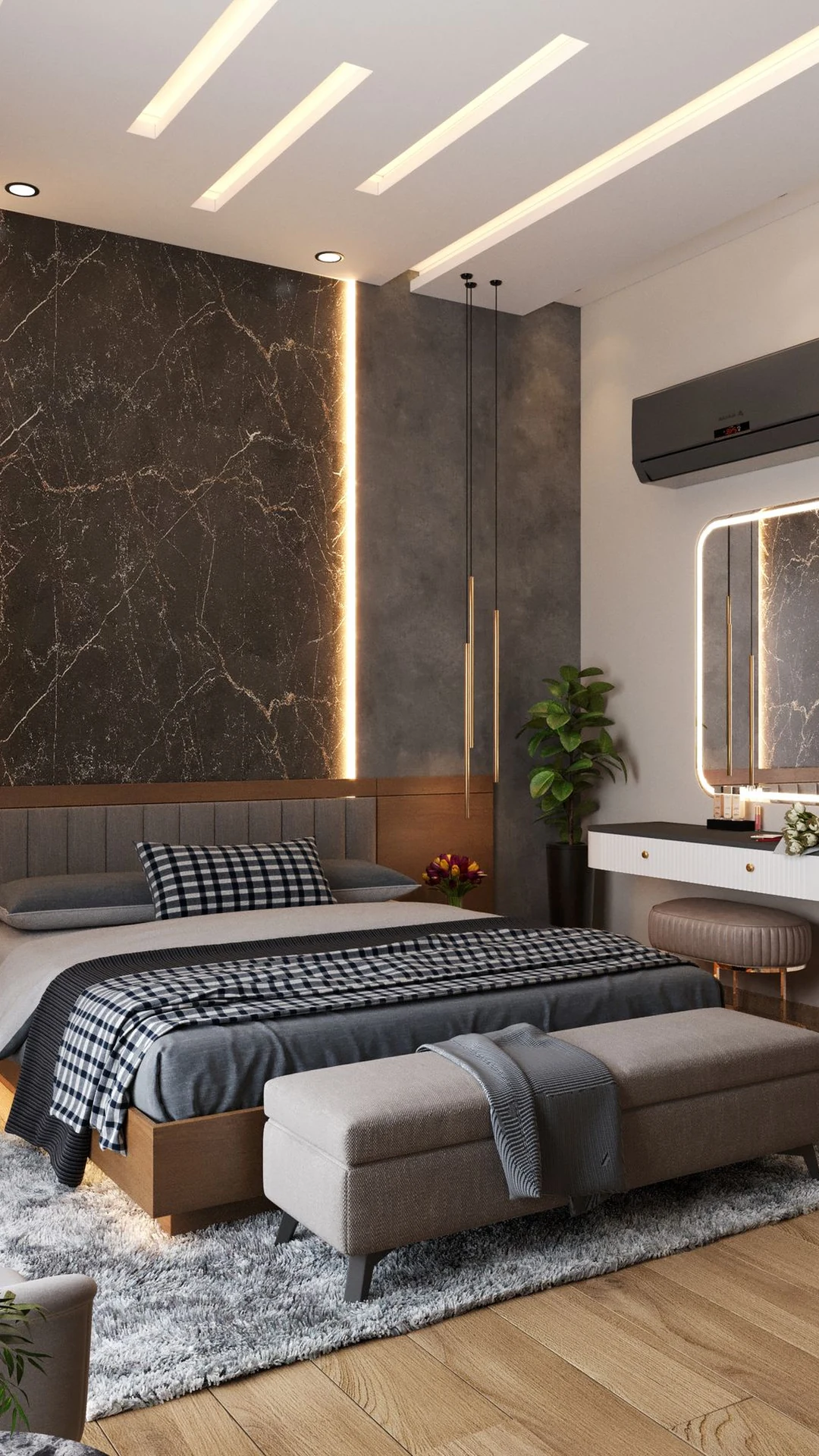 A custom blue upholstered bedroom with integrated warm lighting